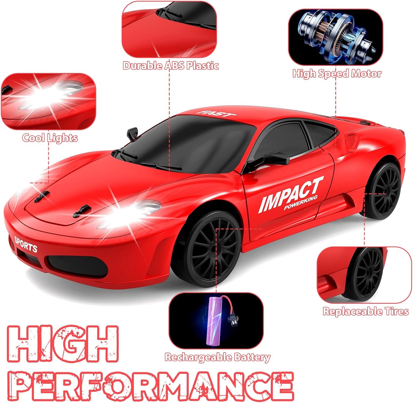 RC Drift Car, 2.4GHz Remote Control Cars 1/24 4WD High Speed Drift Car with LED Lights and Dritfing Tires Vehicle Racing Toy Cars for Boys Girls Adults Kids (Red)