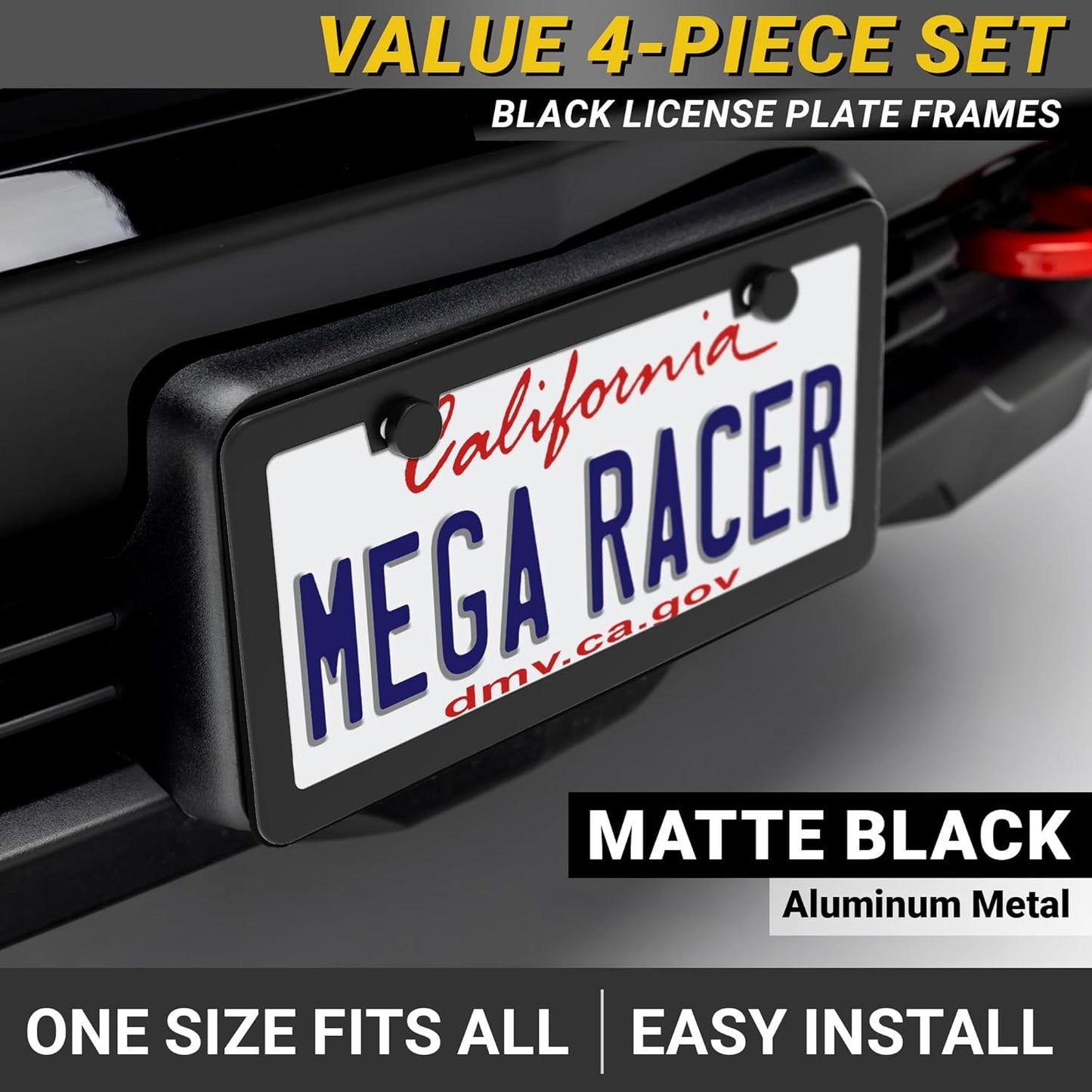 Premium Slim Matte Black License Plate Frames – Best Value 4 Pack, Rust-Free Stainless Steel & Rattle-Free, Street Legal, Universal with Screw Cover, Thin Edged Metal Front & Rear Car Tag Holders