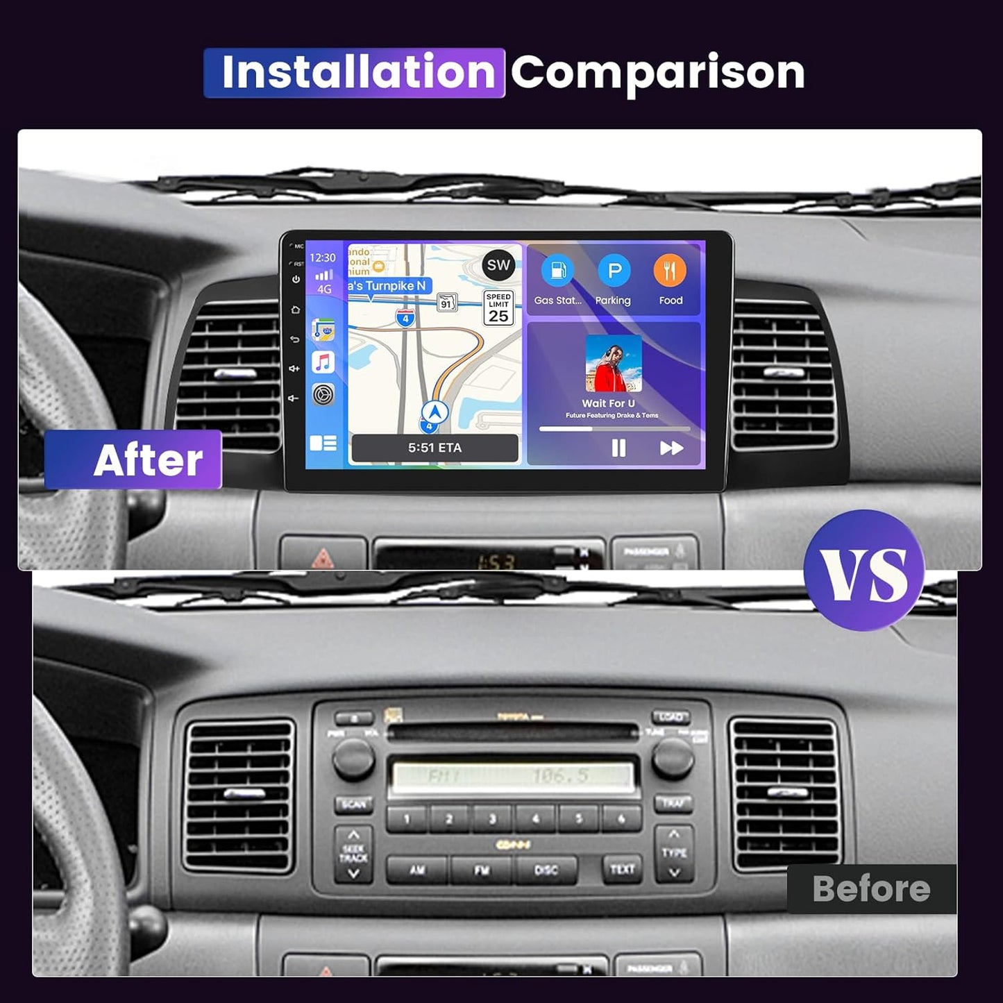 8 Core 4G+64G Car Stereo for Toyota Corolla EX 2007-2012 5G WiFi DSP/32EQ Wireless Carplay Android Auto, 9 Inch 1280 * 720 IPS Touch Screen Car Radio with BT 5.0/Mirror Link/GPS Backup Camera