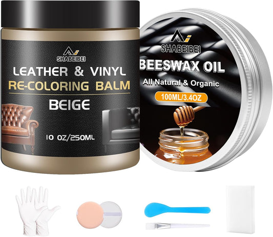 Leather Repair Kit Recoloring Balm Cleaner Conditioner Waterproof Beeswax Oil for Car Seat Furniture Couch Shoe Leather Vinyl(Beige)