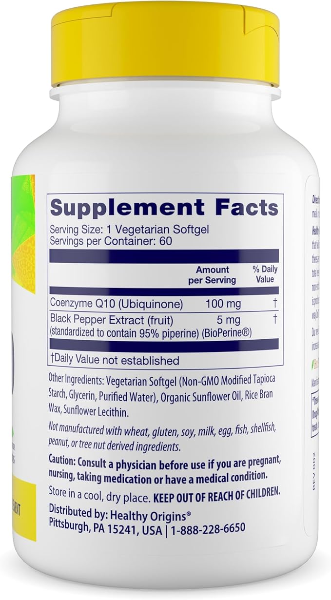 Healthy Origins Natural Enhanced CoQ10 (BioPerine®), 100 mg - Heart Health & Energy Supplement - Gluten-Free & Non-GMO Supplements, with BioPerine & Sunflower Lecithin ((Pack of 1) 60 Veggie Gels)
