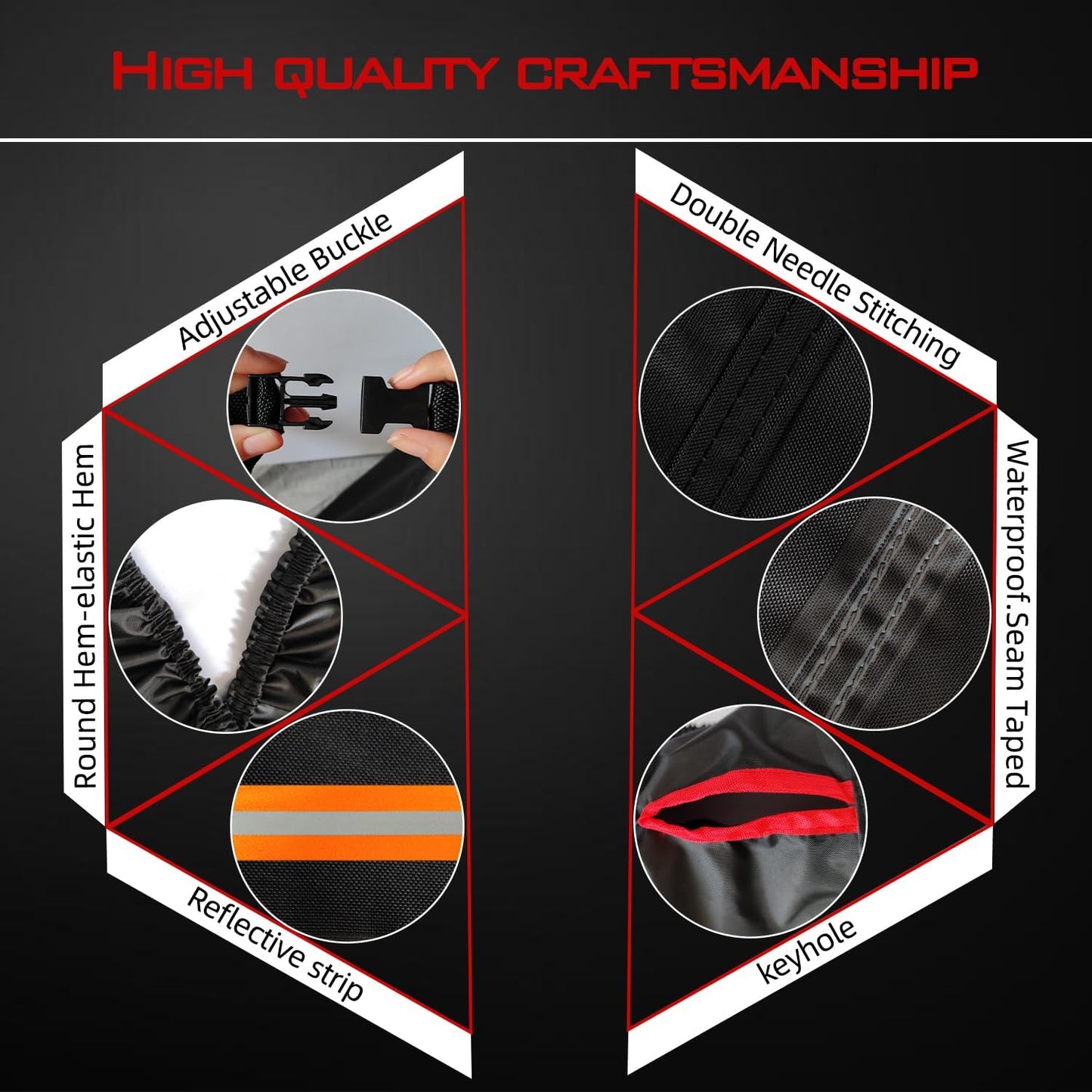 Motorcycle Cover, Heavy Duty 600D Oxford, Waterproof Outdoor, Weather Resistant, Rip-Proof, Anti-UV with 5 Reflective Strips, 2 Lock-Holes, 1 Windproof Strap, 1 Storage Bag (105" x 41" x 50")