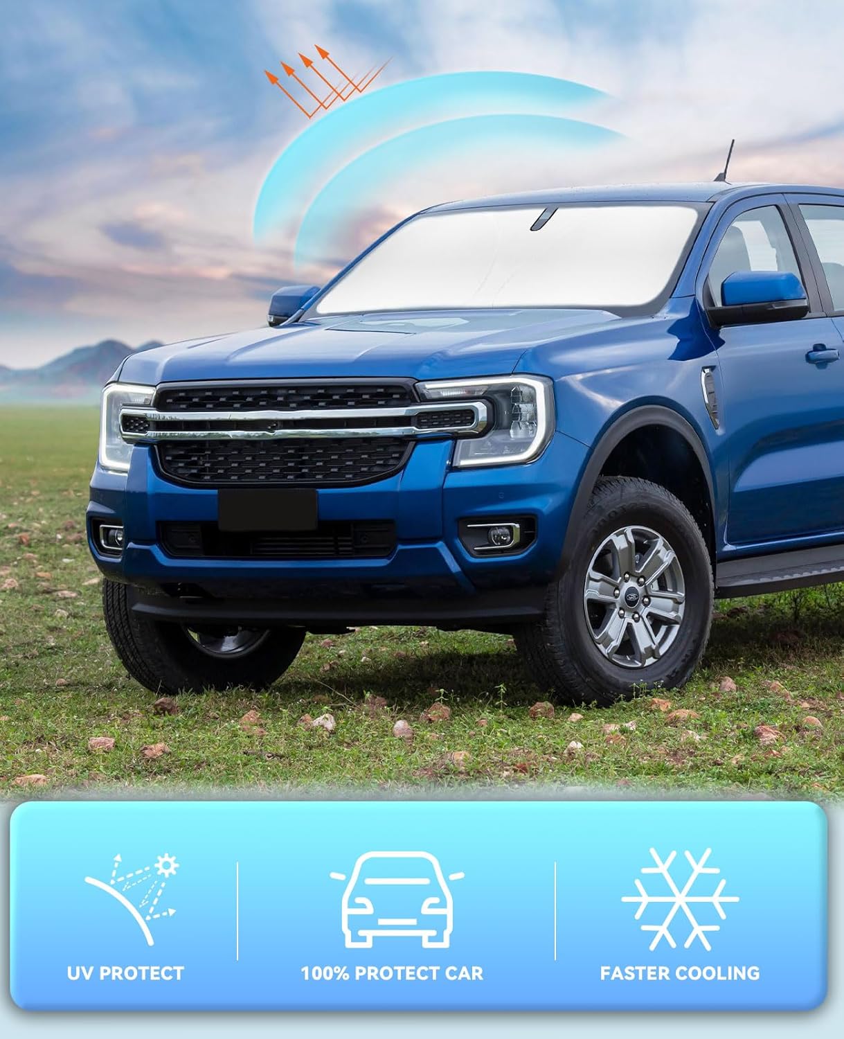 Sun Shade Windshield Sunshades for 2019-2024 2025 2026 Ford Ranger Accessories Windshield Cover Fits Ranger 240T Coating Window Shields Sun Visor Protector Sun Blocker Keeps Car Cool