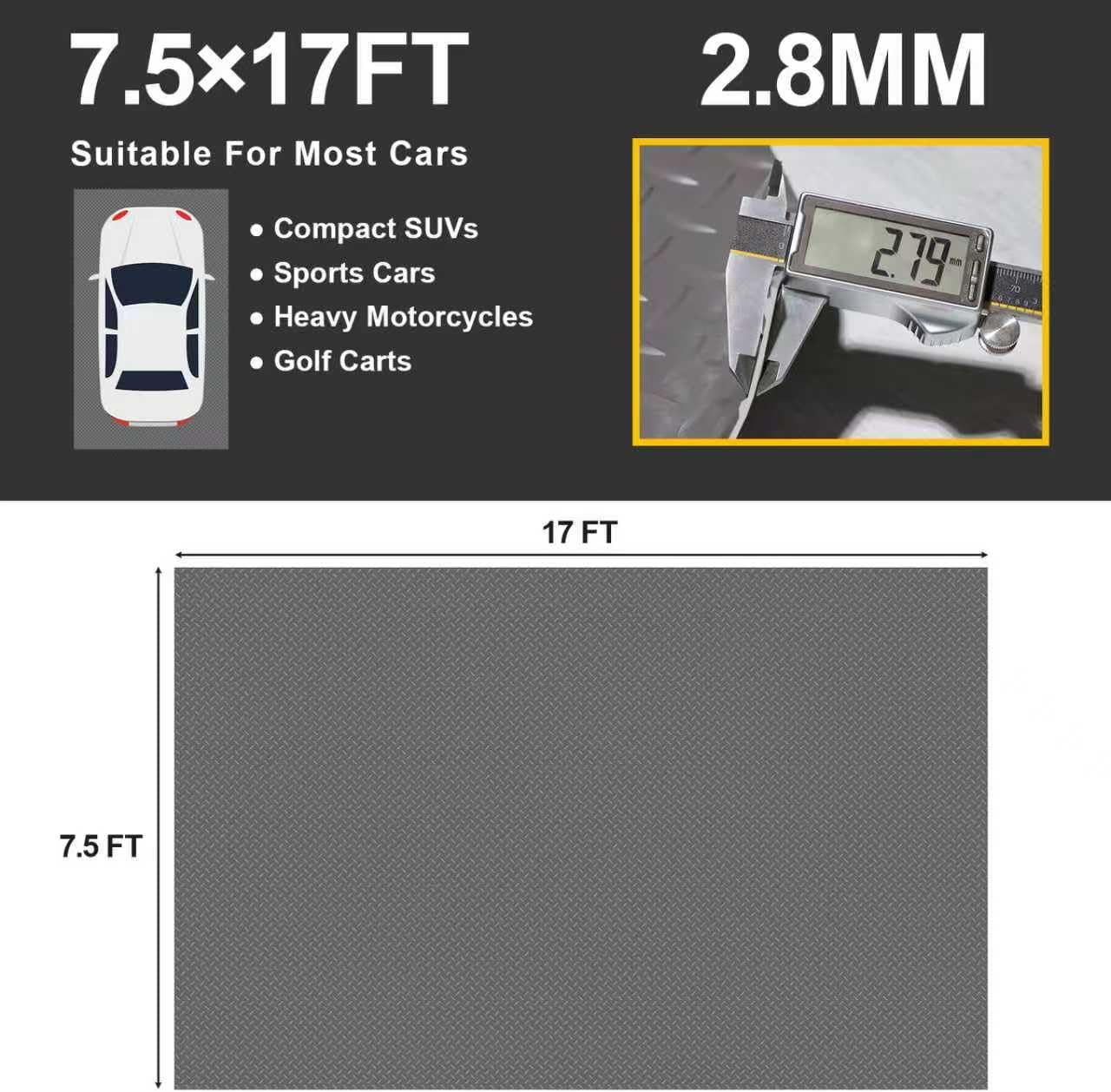Garage Floor Mat 2.8mm Thickness PVC Garage Flooring Roll Diamond Plate Floor Mats for Garage, Workshop, Gym, Golf Cart Parking or Trailers (Grey, 7.5 x 17 FT)