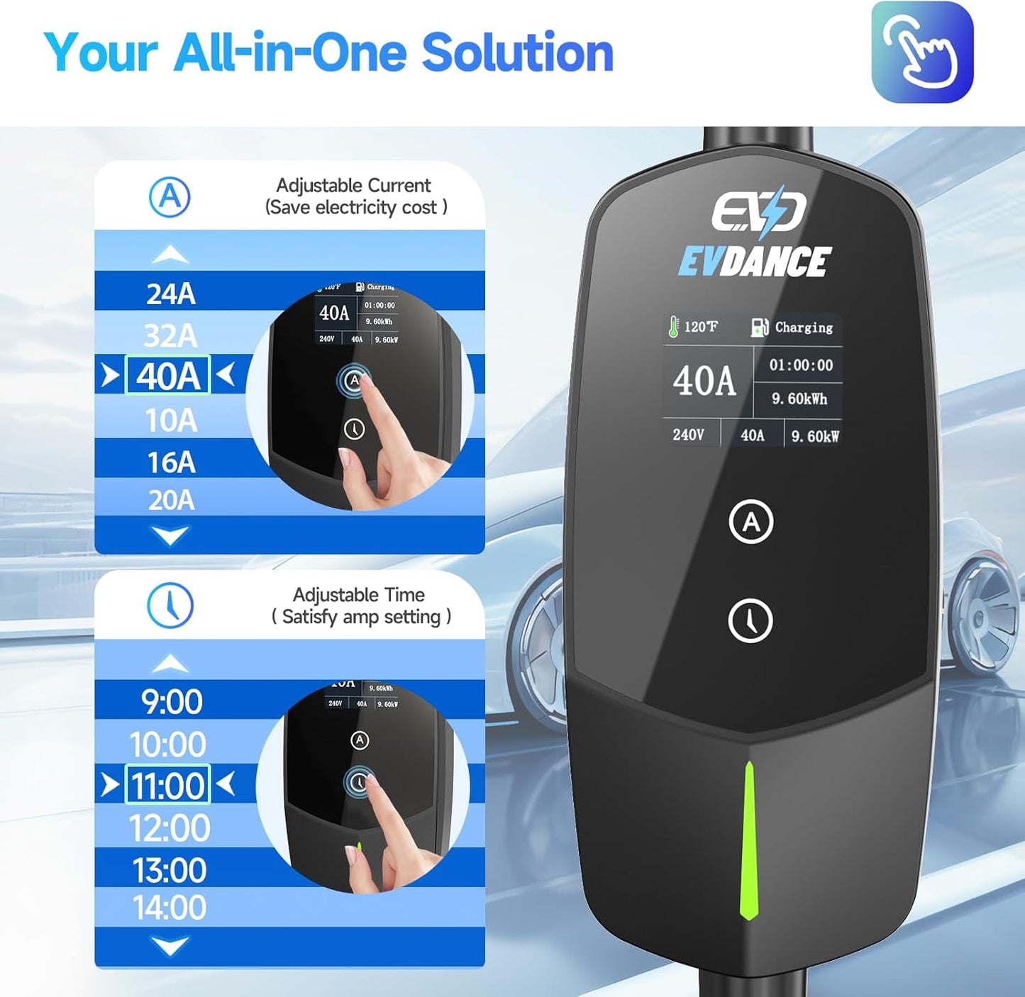 Level 2 EV Charger 40Amp, 240V 9.6KW Portable Electric Vehicle Charging Stations with NEMA 14-50P, 25FT Cable Adjustable Current/Timing Delay Home Electric Car Charger for J1772 BEVs/PHEVs