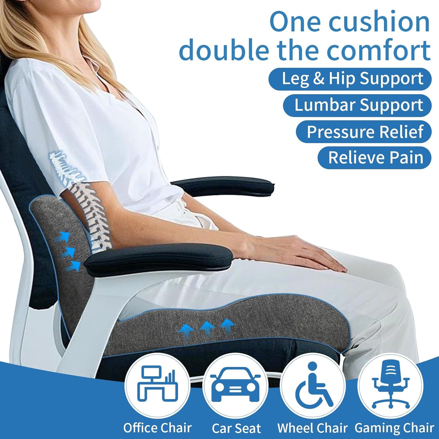 Memory Foam Seat Cushion,Office Chair Cushion with Lumbar Support for Back Pressure Relief, Car Seat Cushion with Adjustable Strap,Sciatica Pad Cushions for Car,Truck, Desk,Gaming Chair