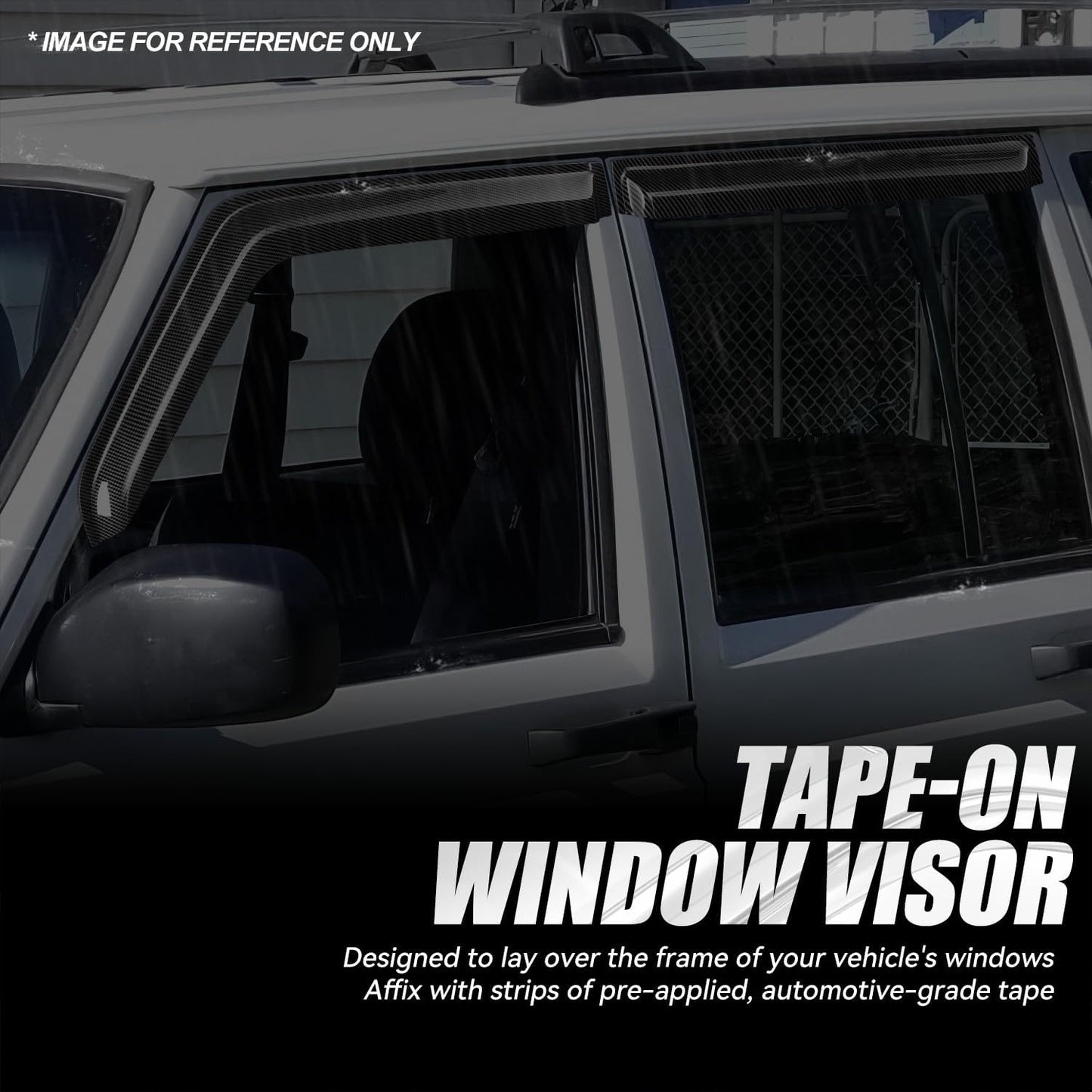 Auto Dynasty 4Pcs Carbon Fiber Pattern Window Visors Compatible with 1984-2001 Jeep Cherokee, Tape-On Front & Rear Window Deflectors Rain Guards Sun Wind Air Side Vent Shade, Glossy Black