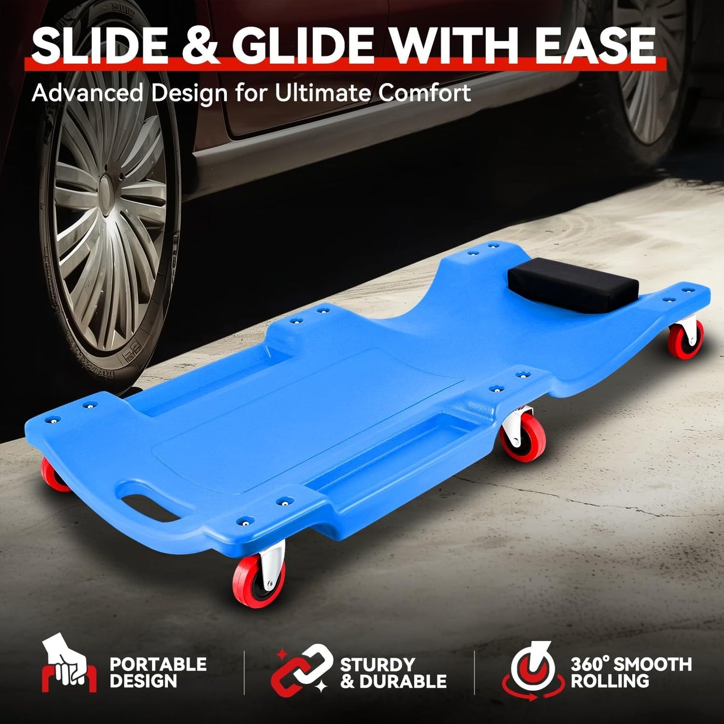 Auto Dynasty 36 Inches Mechanic Creeper, Automotive Garage Repair Low Profile Under Car Rolling Creeper with Padded Headrest, Plastic, Blue