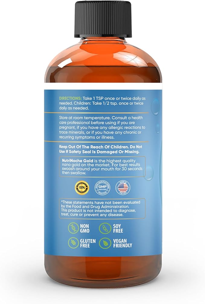 Colloidal Gold Liquid Organic Supplement by Nutrinoche - 100% Pure Nano Gold Mineral - Supports Mental Clarity, Focus & Relaxation - 8 oz Bottle - Vegan, Gluten-Free - Crystalline - 30 ppm