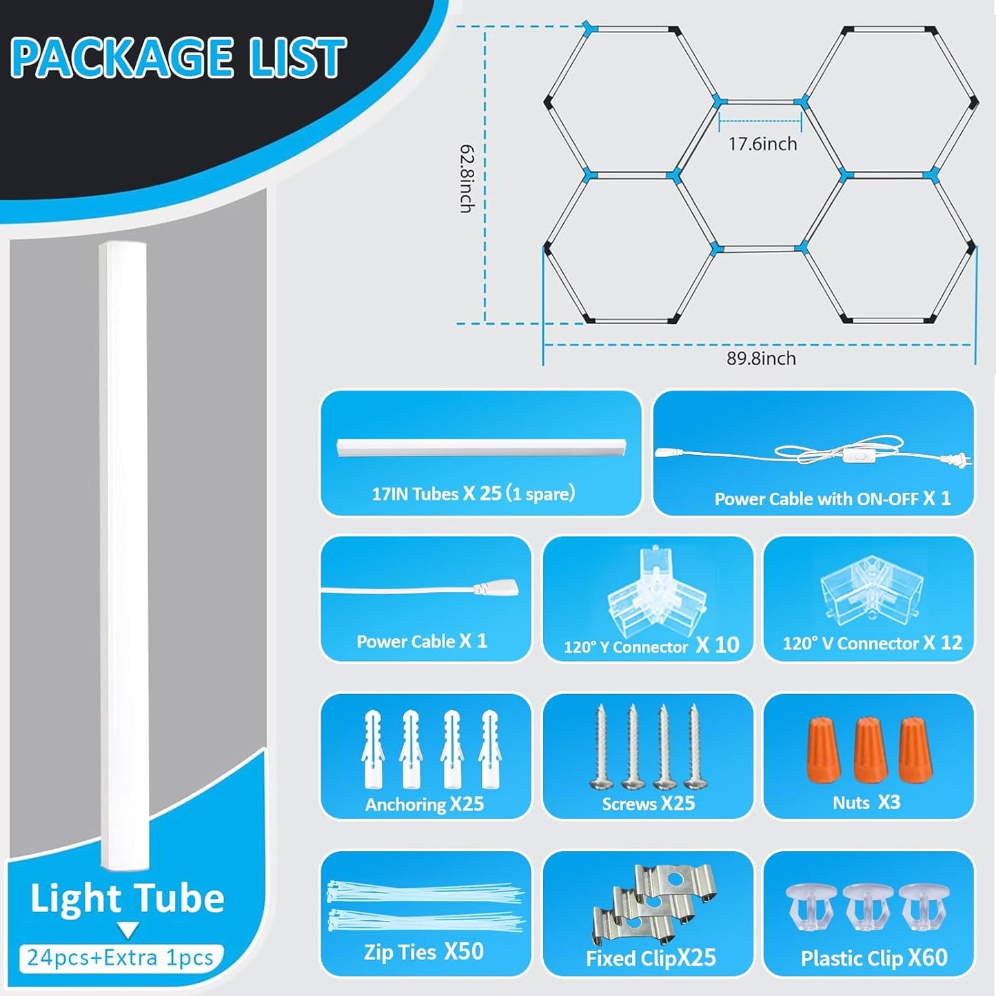 tewei LED Hexagon Garage Light, 25 Pack Super Bright Hex Ceiling LED Shop Lights 6500K Daylight White for Garage, 220W 22000LM for Workshop, Warehouse, Gym, Basement