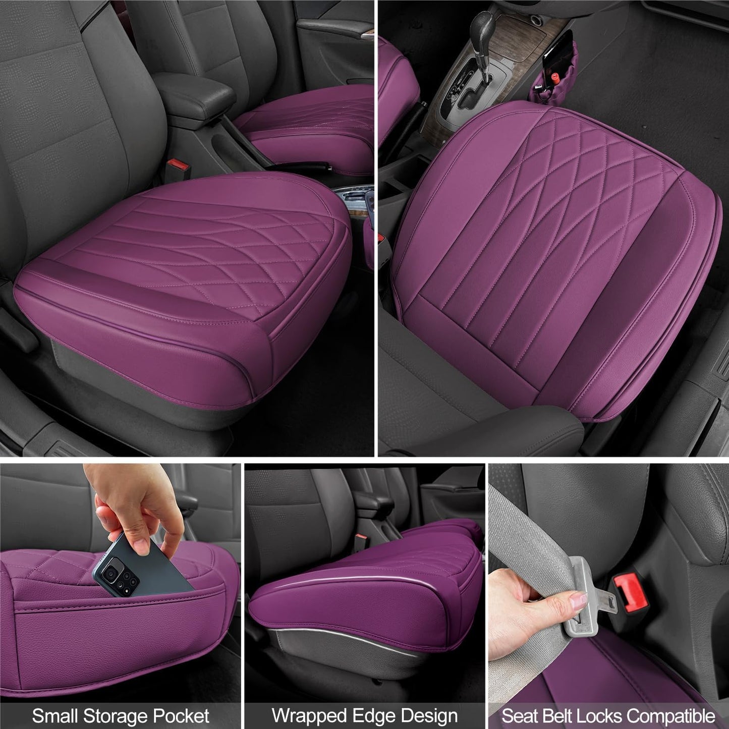 2 Pack Leather Front Car Seat Cover Bottom Car Seat, Universal Anti-Slip Driver Car Seat Protectors with Storage Pocket, Waterproof Bottom Auto Seat Cushion Pad Mat for Most Vehicles(Purple)