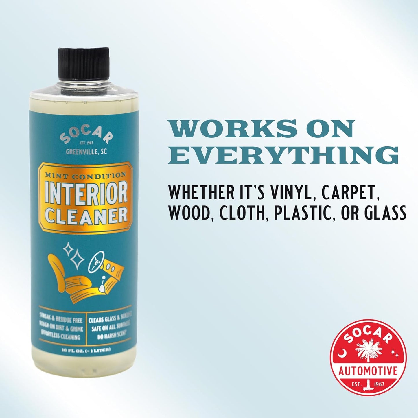 SOCAR Mint Condition Interior Car Cleaner 16 fl oz. Professional Grade for Dirt, Dust, and Grime from All Surfaces, Plastic, Vinyl, Leather, Carpet, Glass. For Car, RV, Boat.