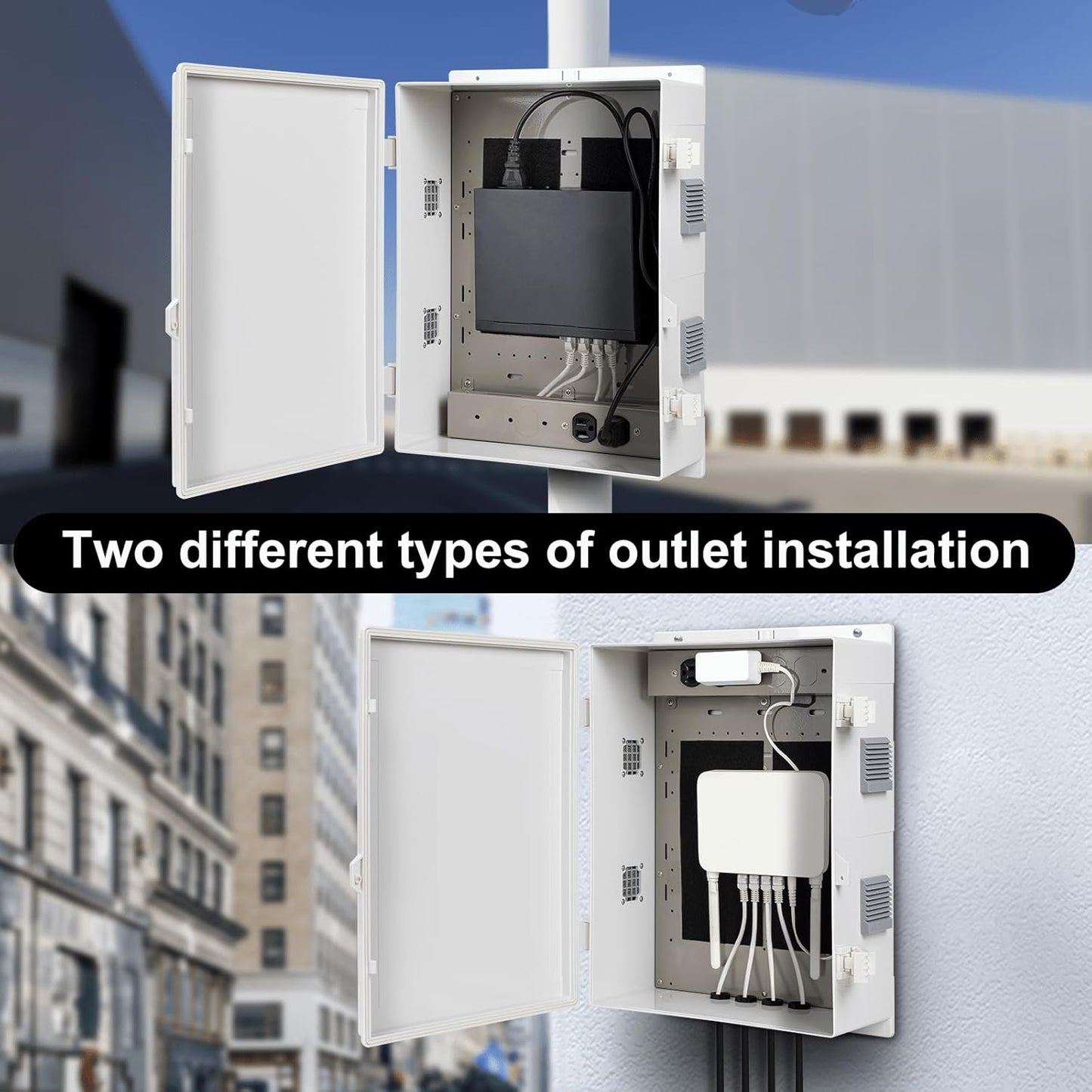 Outdoor Electrical Junction Box with High Power Outlet, ABS Water Resistant Enclosure with Internal Mounting Panel & Hinged Cover. (18.1" H* 12.6" L* 6.3" W & Outlet)