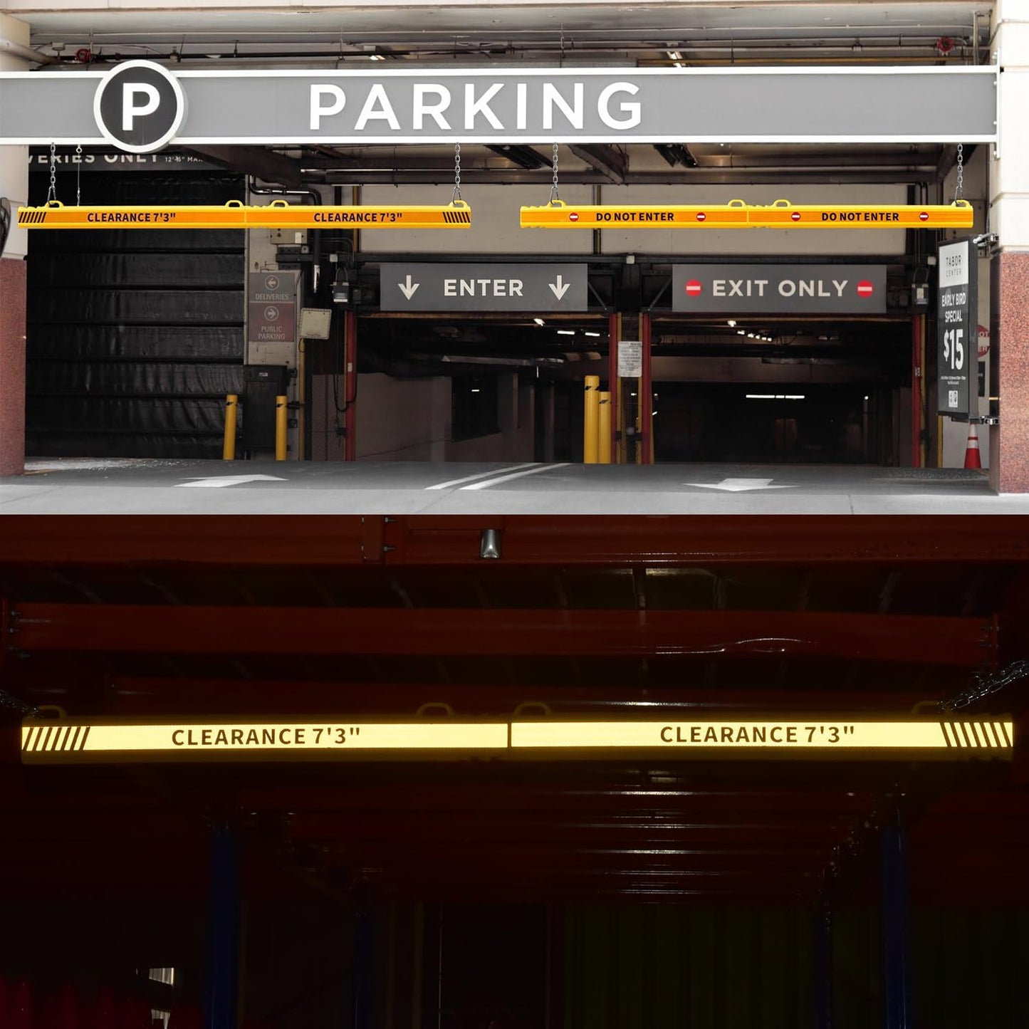 78" Parking Garage Height Clearance Bar - DO NOT ENTER & CLEARANCE 7' 3" - Hanging Crossbar by Chains, Yellow Reflective Parking Signs for Parking Lot, Warehouse, Garage Entrance and Exit