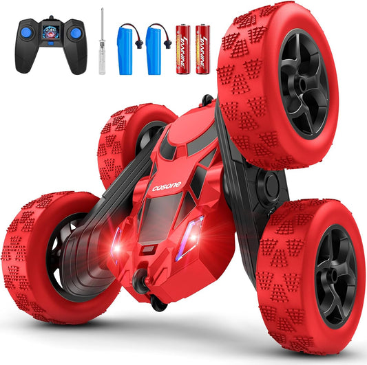 Remote Control Car for Boys - Car Toy for Kids Age 6 7 8 9, 4WD 2.4Ghz Double Sided 360° Rotating RC Cars with Headlights, Christmas Birthday for Boys and Girls - Red