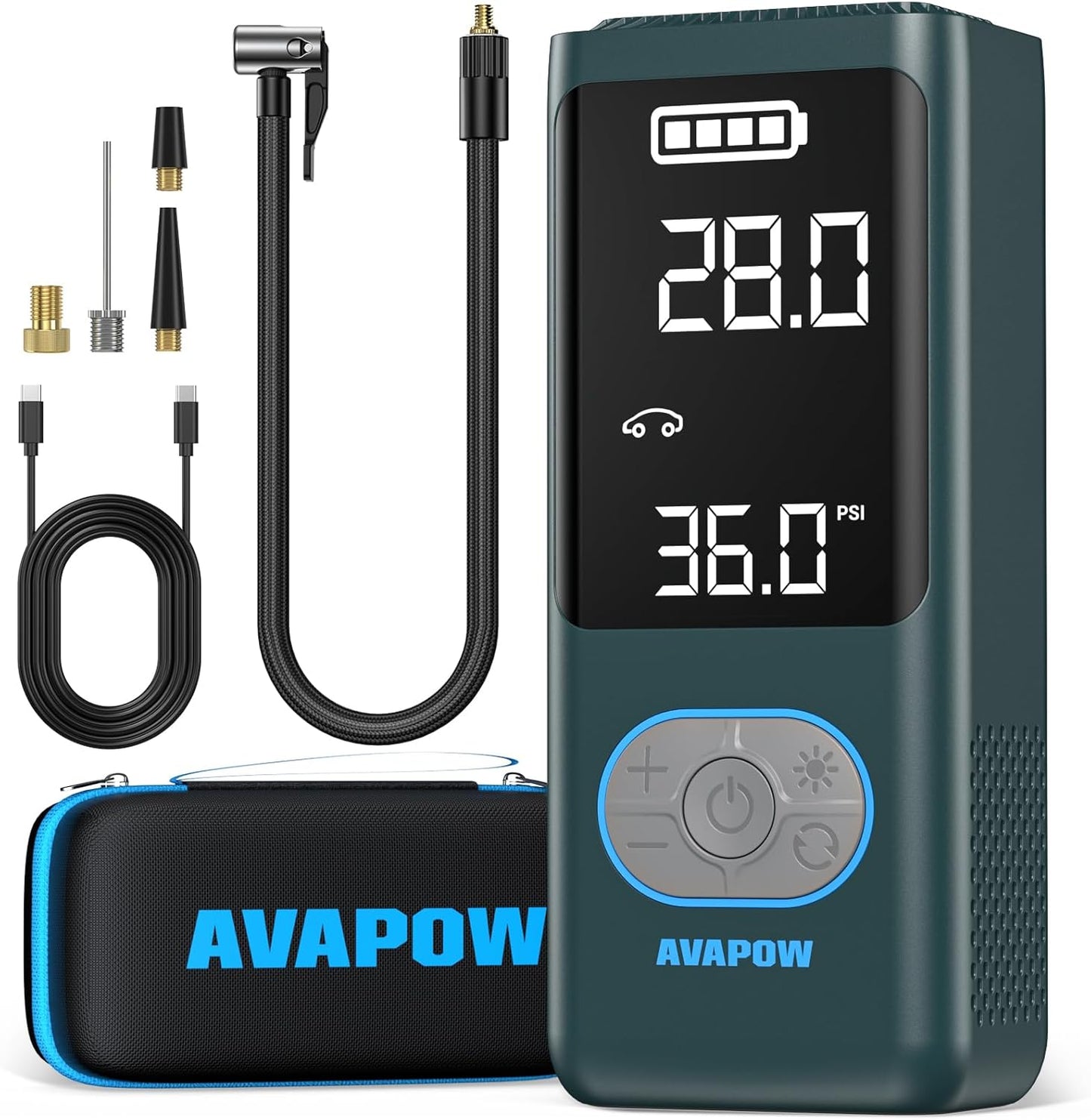 AVAPOW AP18 Tire Inflator Portable Air Compressor, 300% Faster 150 PSI Cordless Air Pump with Tire Pressure Gauge, 3.7″ Dual LCD Screen, Auto-Shuts Off Tire Pump for Car, Motorcycle, Bicycle, Cyan