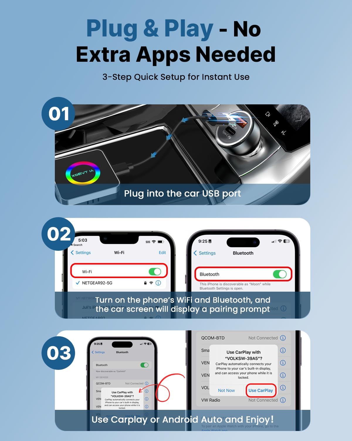 Sehawei Wireless CarPlay & Android Auto Adapter 2025 - Built-in Netflix, YouTube & TF Card Slot - Plug and Play, Convert Wired to Wireless - Compatible with 2015+ Cars, iOS 10+/Android 11+
