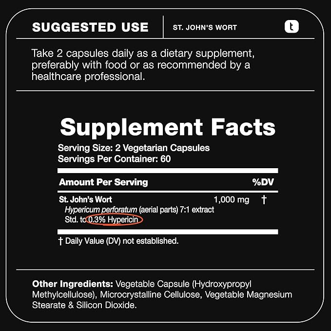 1,000mg Ultra High Strength St. John's Wort Capsules (Non-GMO) - 7X Concentrated Extract - 0.3% Hypericin - Highly Purified and Bioavailable - 120 Capsules