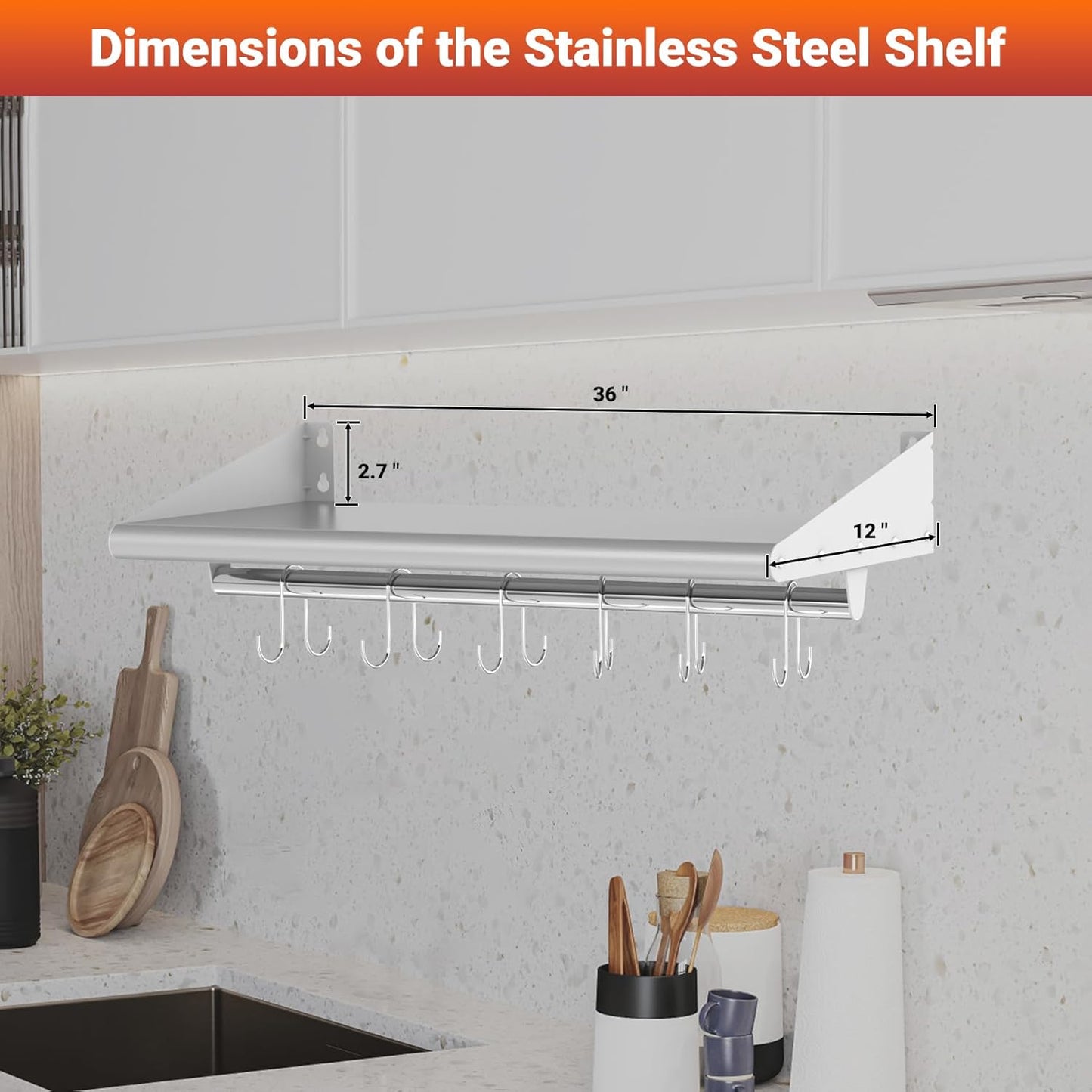 Skyflame 12" x 36" Wall Shelf with 6 Hanging Hooks for Storage, Stainless Steel Commercial Shelving with Side Guards for Bar, Utility Room, Kitchen, Garage