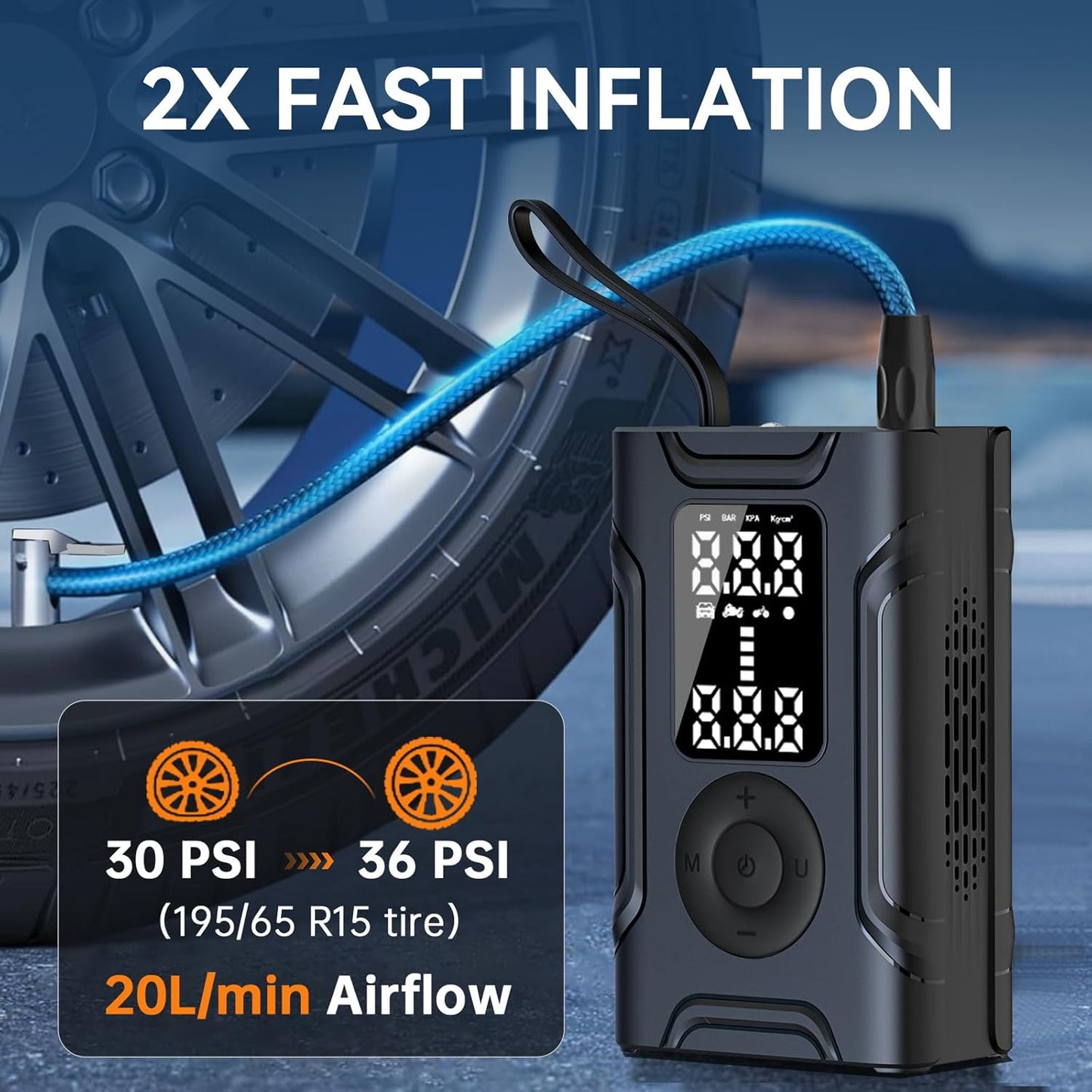 Tire Inflator Portable Air Compressor, Air Pump for Car Tires, 150PSI 20000mAh & 2X Faster Auto Tire Inflator with LED Light, LCD Display, Electric Air Pumps for Car Motorcycle Bike Balls