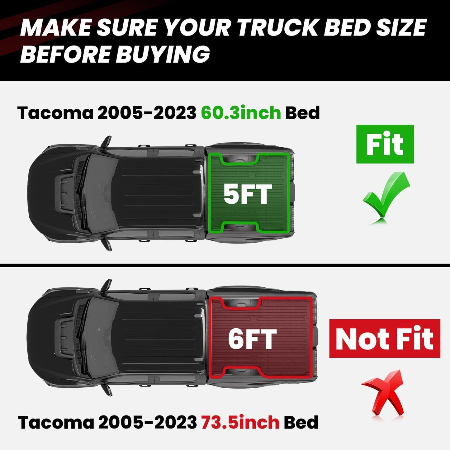 LASFIT Bed Mat for Toyota Tacoma (5FT,61.3'' Bed) 2023 2022 2021 2020 2019-2005 Truck Bed 5 ft, All Weather TPE Car Bed Liner for Toyota Tacoma Accessories Truck Mat &Cargo Liner, Black