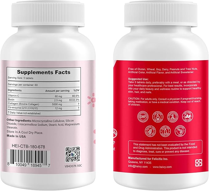 Multi Collagen 300 Tablets for Women & Men, Vitamin C, Biotin & CoQ10 Supports Hair, Skin, Nails Joint & Bone Health, Gluten-Free, Non-GMO
