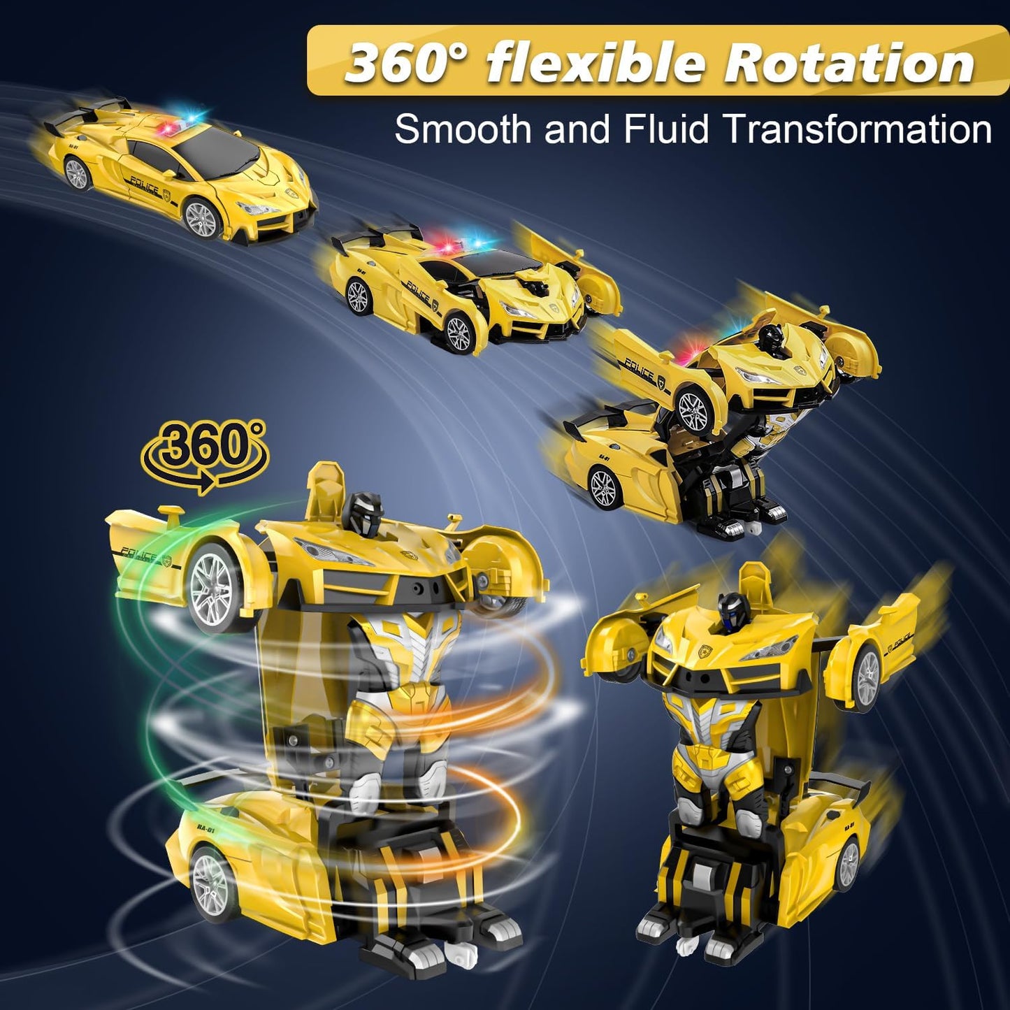 Remote Control Car for Boys 4-7, 2.4GHz RC Car 1:18 Scale, One-Button Transforming Toy with 360° Spins, LED Lights（Yellow）