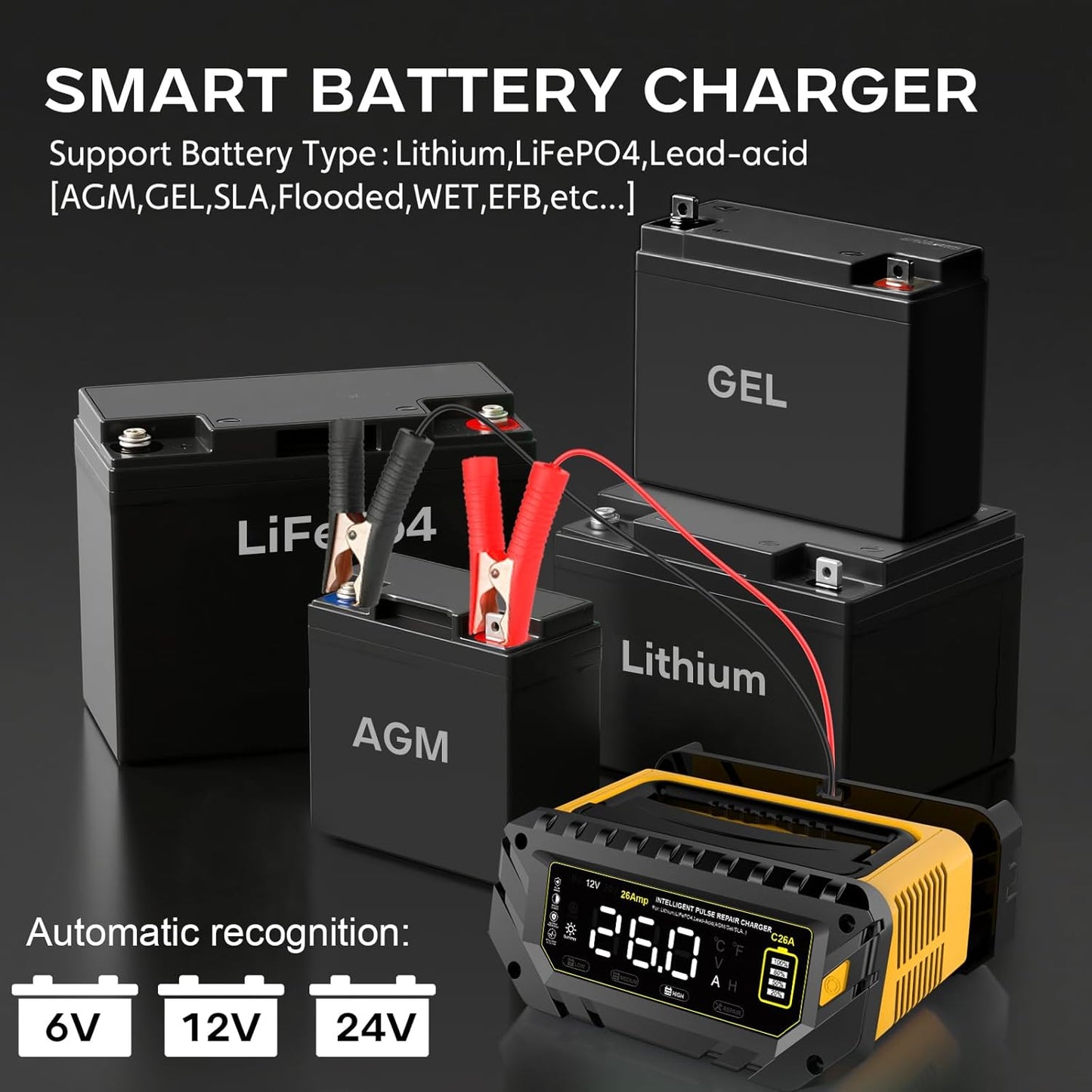 26-Amp Battery Charger, 6V/12V/24V Car Battery Charger & Maintainer, Trickle Charger for Lithium LiFePo4 Lead Acid (AGM/Gel/SLA..), Smart Deep Cycle Charger for Motorcycle Lawn Mower and Marine...