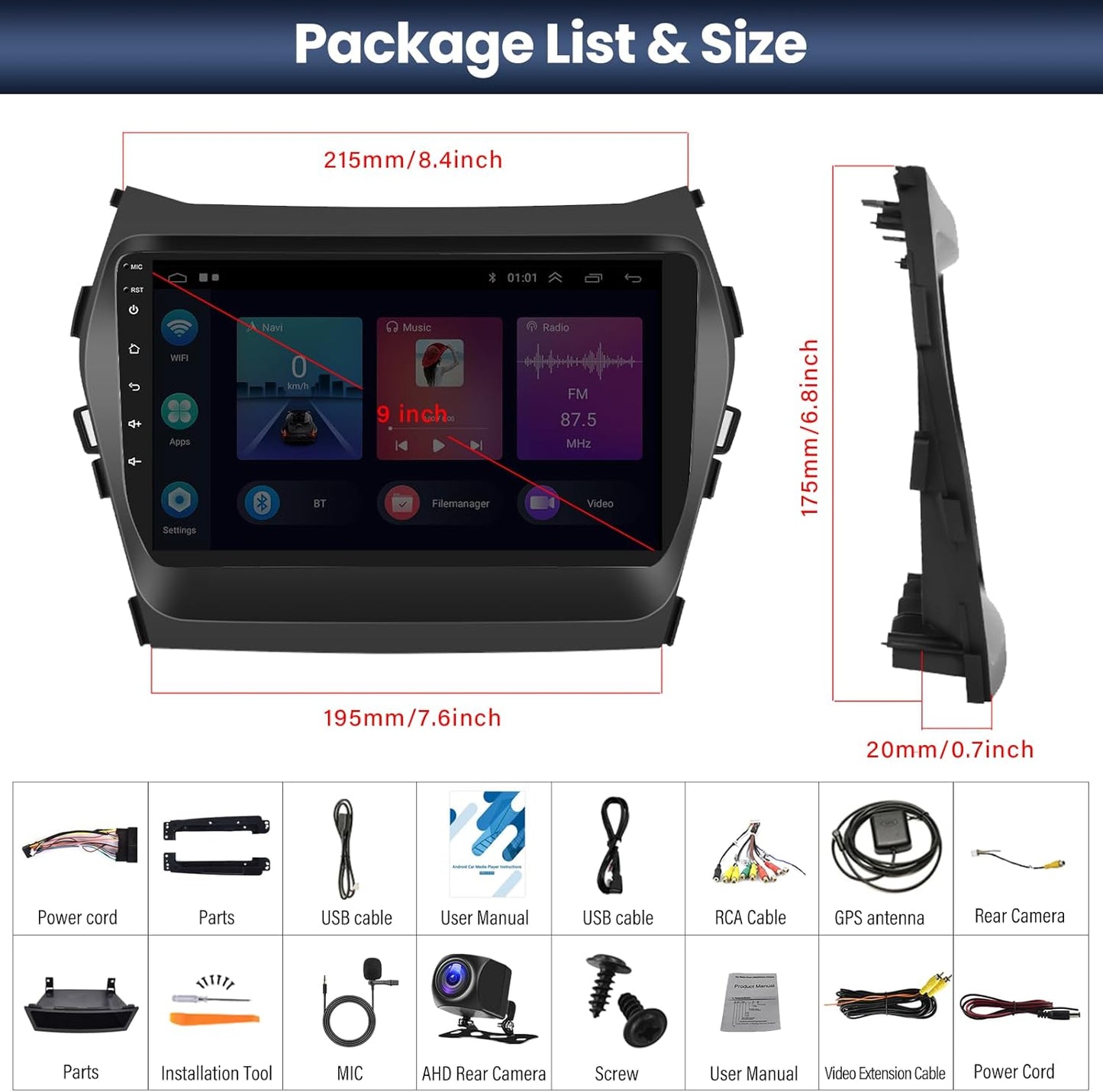 2+64G Android 13 Car Stereo for Hyundai Santa Fe IX45 2013-2018 with Apple Carplay Android Auto Mirror Link 9 inch Touch Screen FM RDS HiFi Bluetooth WiFi GPS+AHD Camera & MIC