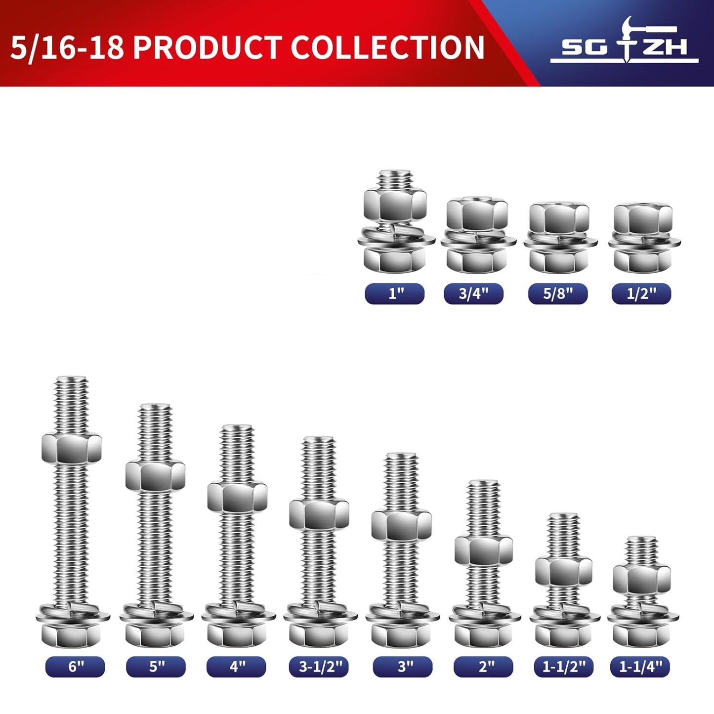 5/16-18 x 1-1/4" Hex Head Screw Bolt, Nuts, Flat & Lock Washers, 20Pcs 18-8 (304) Stainless Steel, Fully Threaded, by SG TZH