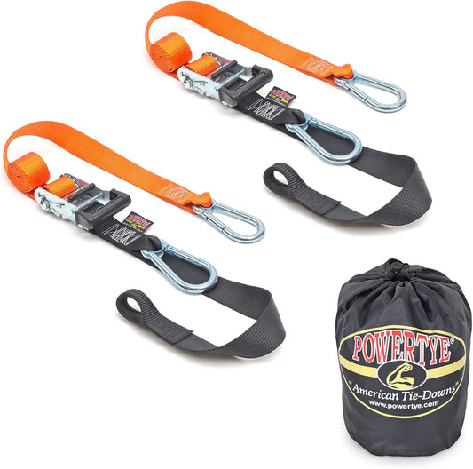 PowerTye 1.5in x 6.5ft Heavy Duty Ratchet Tie-Down Straps with Soft-Tye, Carabiner Hooks - 1,000 lb Working Load Limit / 3,000 lb Breaking Strength - Made in USA - Orange/Black Pair + Storage Bag