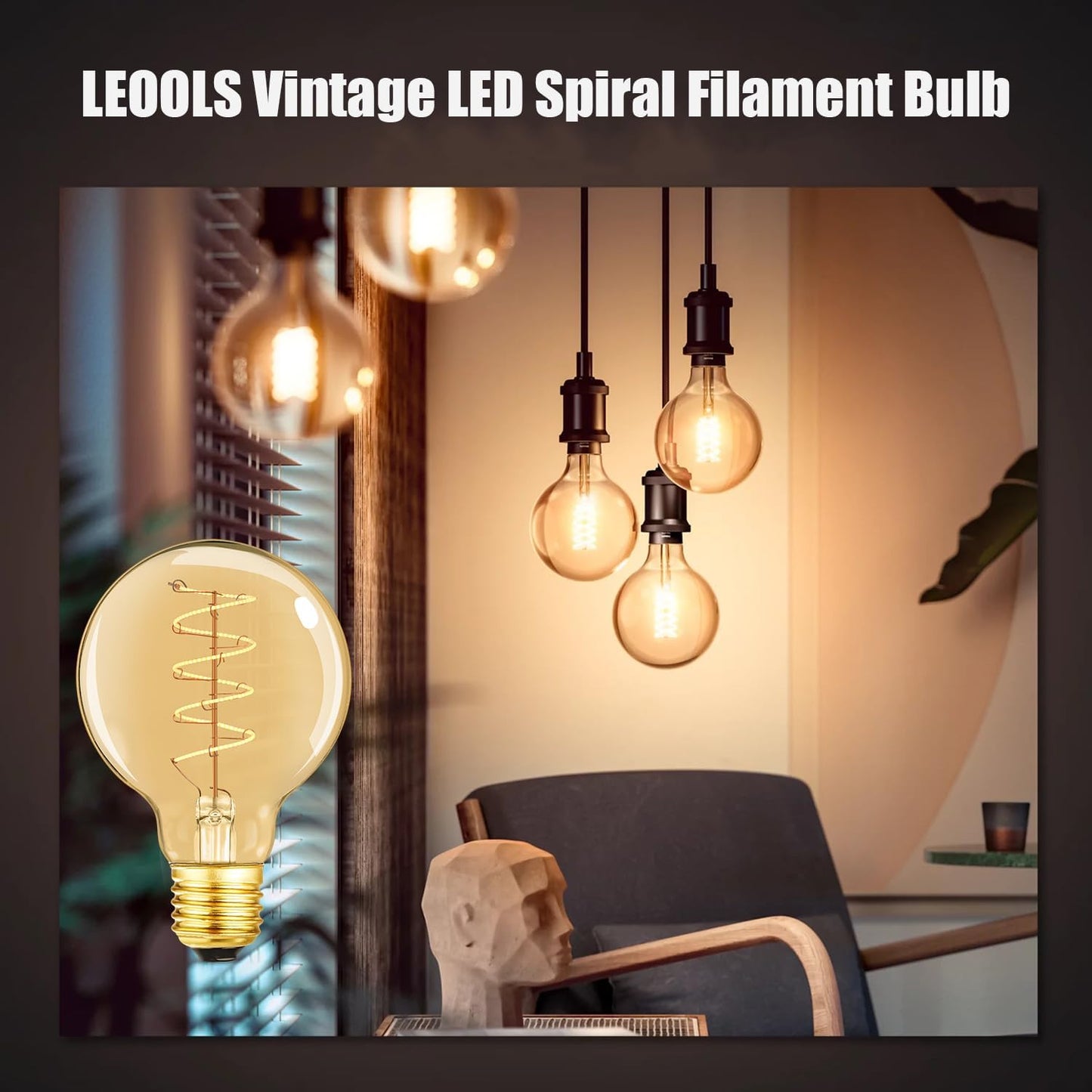 Leools Vintage LED Spiral Filament Bulb G25/G80 Dimmable Flick-Free 6W CRI95 LED Edison Globe Light Bulb E26 Base,Amber Glass,Warm White,2200K, 400LM(40W Equivalent), Pack of 4