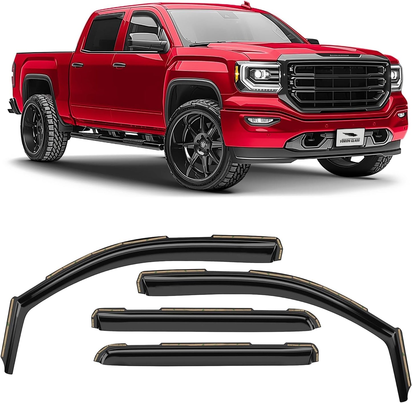 Voron Glass in-Channel Extra Durable Rain Guards for GMC Sierra 2014-2018 Crew Cab, Window Deflectors, Vent Window Visors, 4 Pieces - 200906