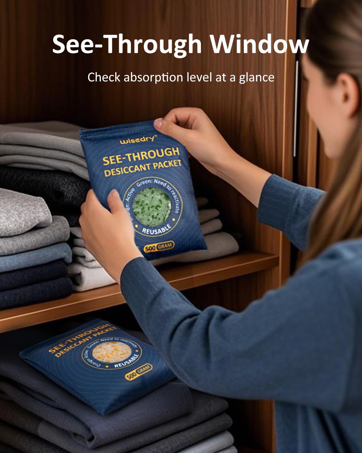 wisedry 2 x 500 Gram See-Through Silica Gel Packets, Color-Indicating Desiccant Packs for Storage, Reusable Safe Dehumidifier, Heat Resistant Dehumidifier Bags