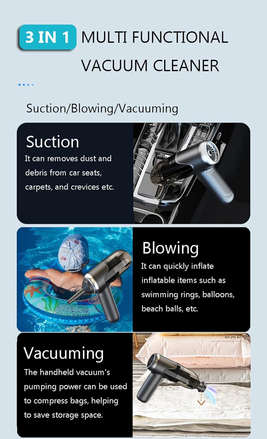 Small Car Vacuum Cleaner Cordless, Ultra Lightweight 0.68LB 3-IN-1 Mini Handheld Vacuum Portable with Strong Suction/Blowing/Vacuuming Air Dusters Type C Port High Power Motor for Home Office Computer