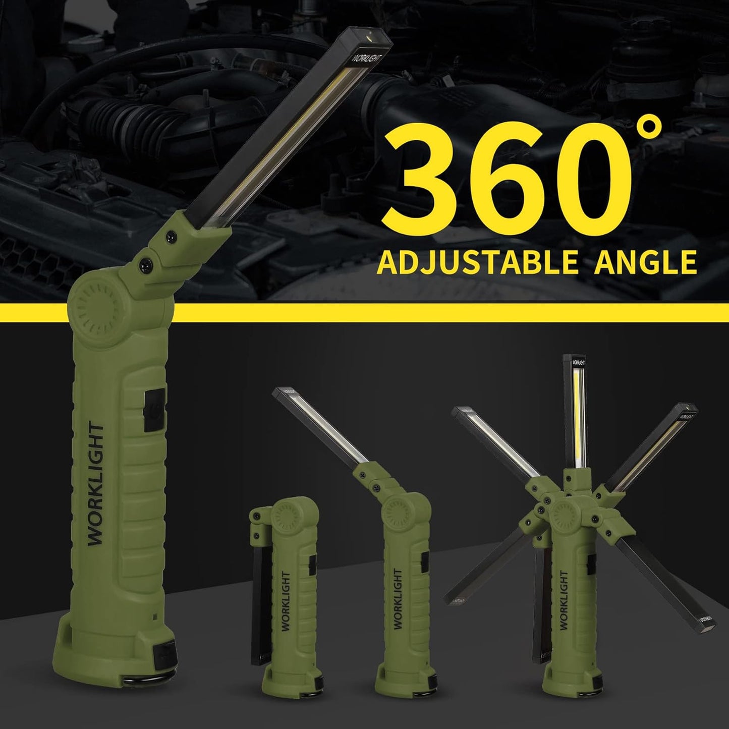 Suranew LED Worklight Flashlight, COB Rechargeable Work Lights with Magnetic Base 360 Degree Rotate and 5 Modes Portable Flood Light Inspection Construction Light for Car Repair (Army Green, 2 Pack)