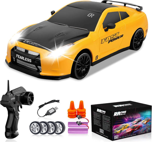 RC Drift Car 1/24 2.4GHz 4WD Remote Control Car, High Speed Drifting RC Cars with LED Lights, 2 Rechargeable Batteries and Drift Tires Racing Toy Cars for Kids (Yellow)