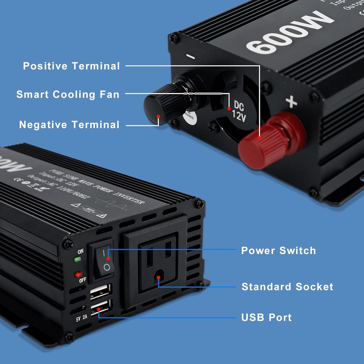 Power Inverter 600W Pure Sine Power Inverter DC 12V to AC 110V Car Converter, Car Cigarette Adapter Converter, Aluminum Alloy Car Power Inverter with 2 USB Ports