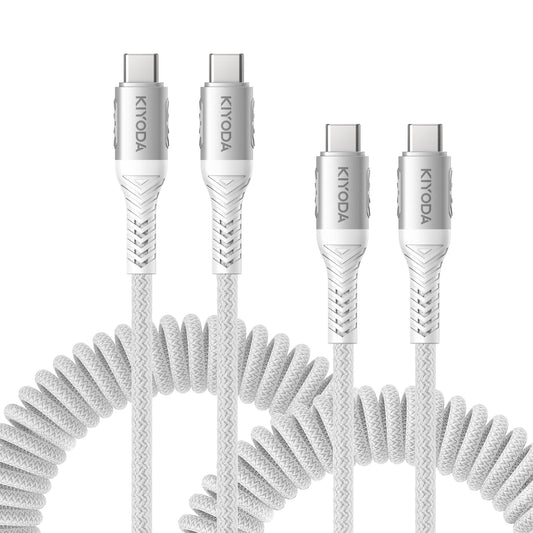 Coiled USB C to C Cable for Car 3ft,2Pack Braided USB Type C Cable for Car 66W Fast Charging Cord Compatible with iPhone 16 15, iPad, Samsung Galaxy, Google Pixel, Moto, LG, TCL Phones-Silver