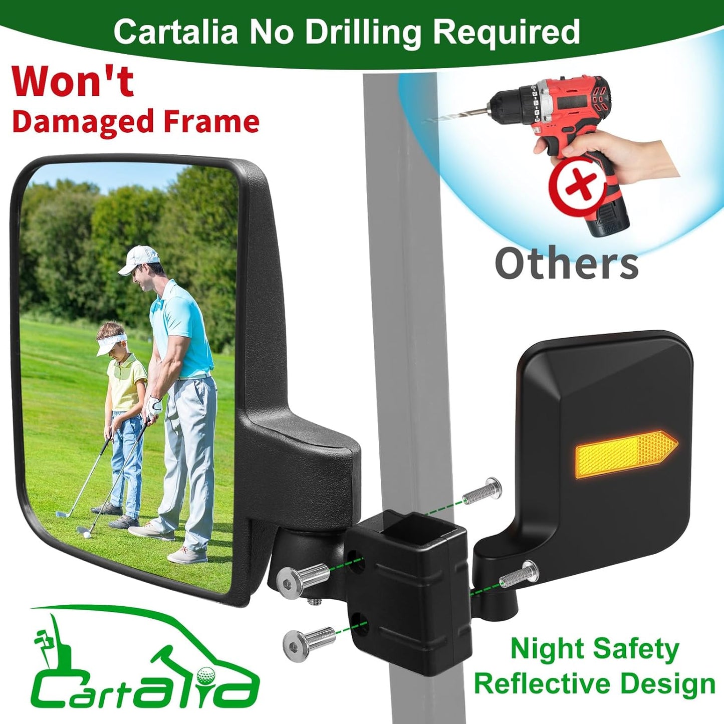 Golf Cart Mirrors Kit for EZGO Club Car Yamaha, No-Drilling Night Safety Reflective Design Golf Cart Side Mirror and Rear View Mirror Kit Universal Foldable and Adjustable Rotatable HD Glass