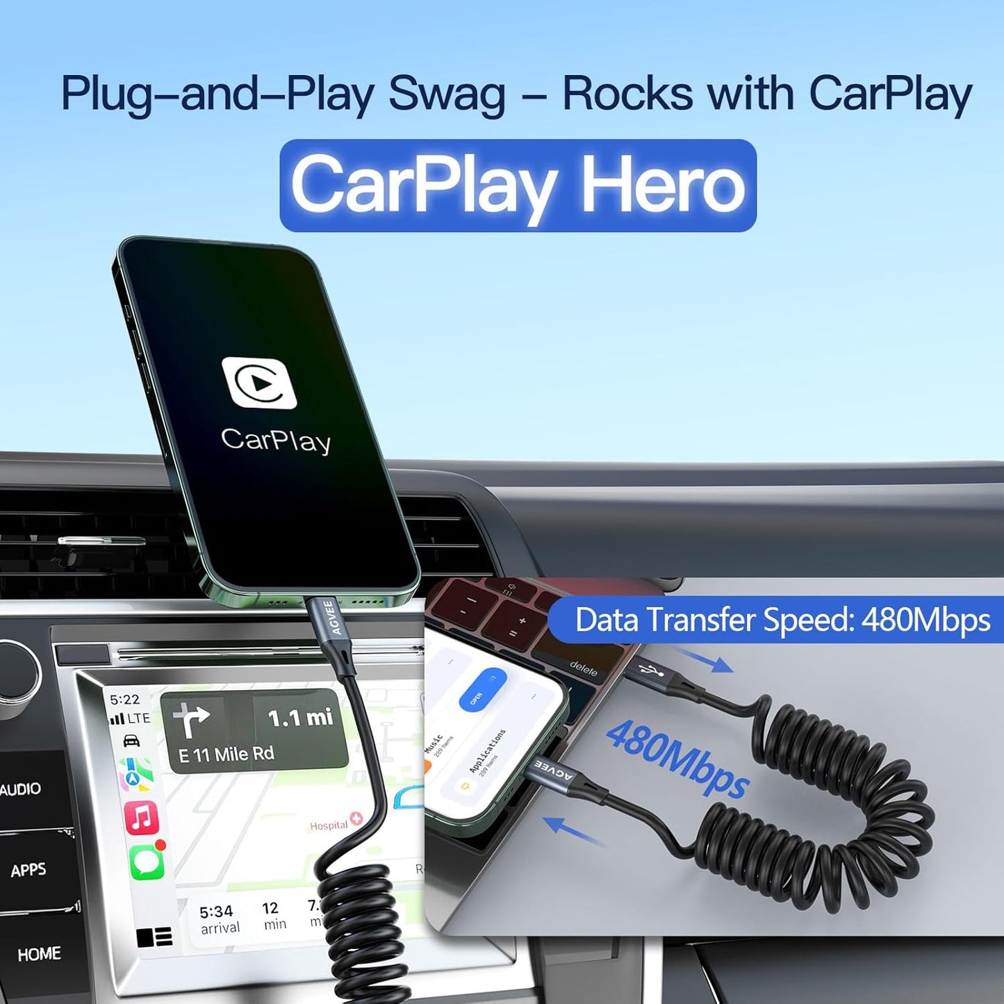 AGVEE 3ft Coiled Short USB-C to Lightning Charging Cable [MFI Certified] 30W PD Fast Charger Cord in Car for iPhone 14/13/12/11/XS/8/7/6/5 CarPlay, iPad, iPod, Dark Gray