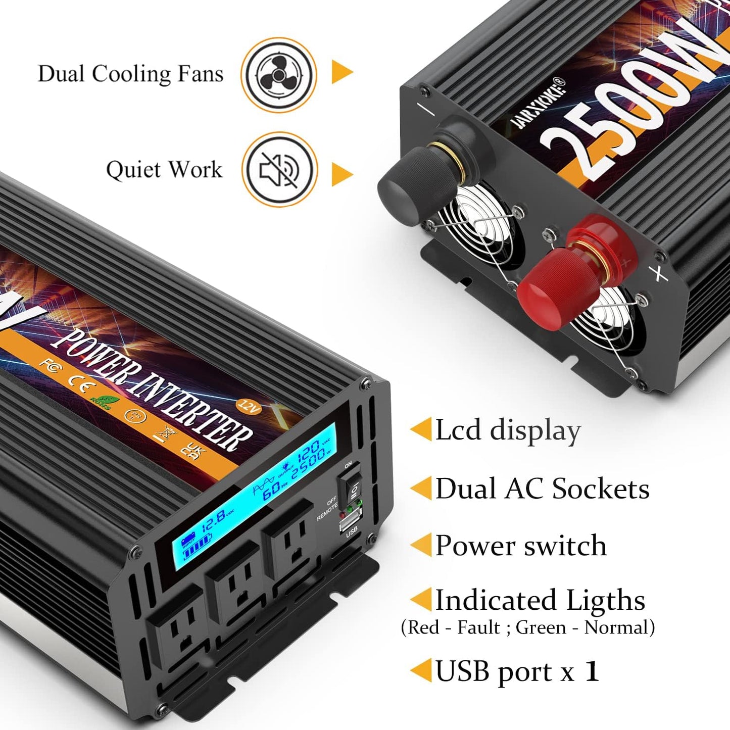2500W Power Inverter 12V DC to AC 110V/120V (Peak) 5000W Converter 3 sockets car Inverter with Remote Control and LED Display 3.4A USB Port