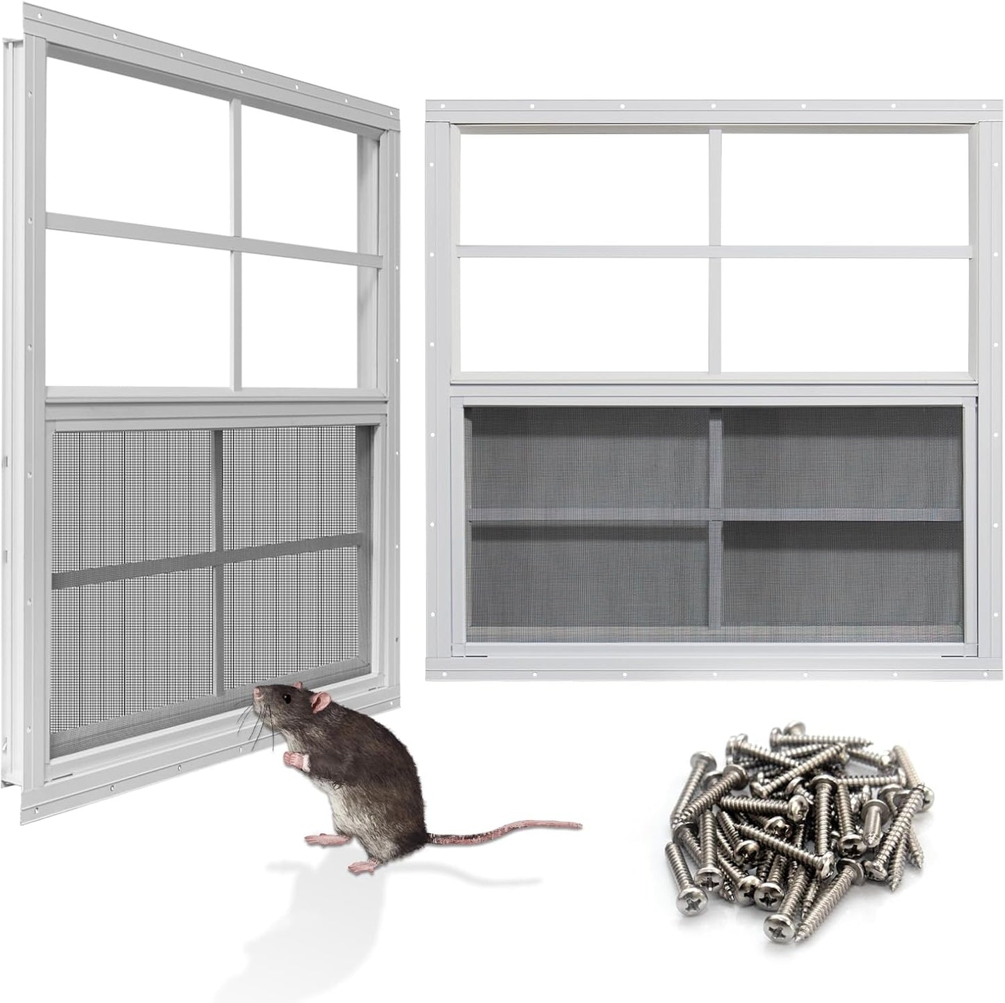 NeatiEase Upgraded Shed Windows 2 Pack, 24" x 24" Windows with Tempered Glass and Stainless Steel Screen for Shed, Chicken Coop, Playhouse, Household, Garage(White)