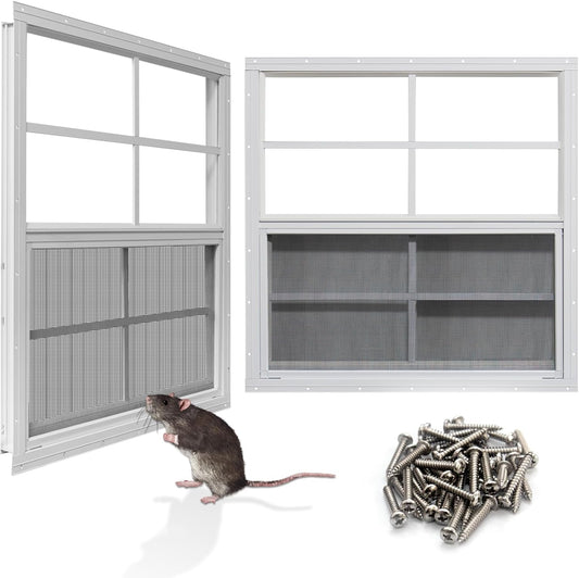 NeatiEase Upgraded Shed Windows 2 Pack, 24" x 24" Windows with Tempered Glass and Stainless Steel Screen for Shed, Chicken Coop, Playhouse, Household, Garage(White)