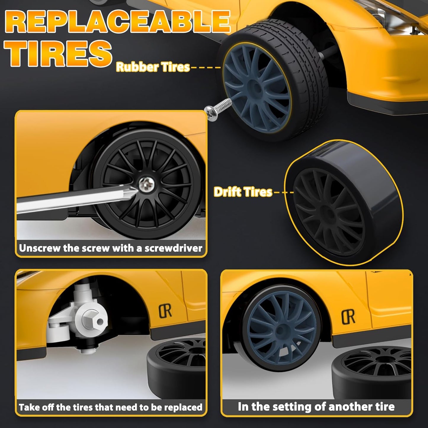 RC Drift Car 1/24 2.4GHz 4WD Remote Control Car, High Speed Drifting RC Cars with LED Lights, Rechargeable Batteries and Drift Tires Racing Toy Cars for Kids (Yellow)