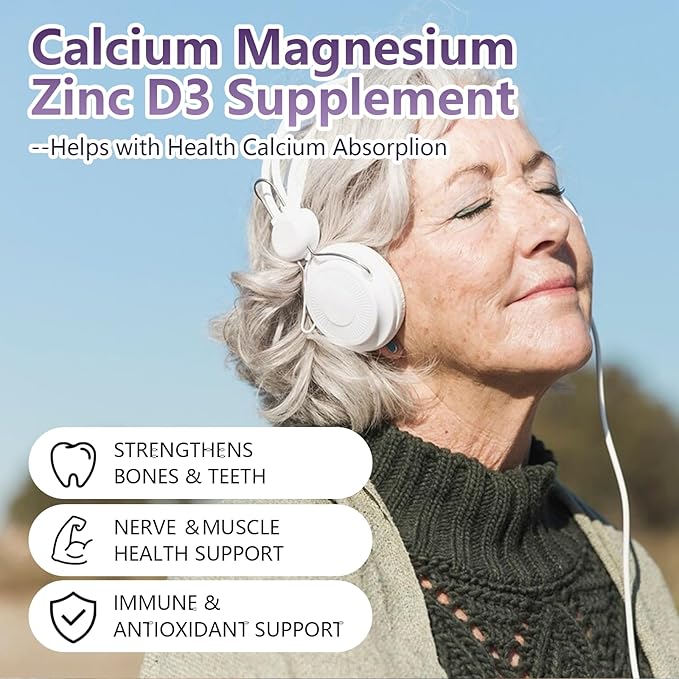 1 Pack 2000MG Calcium Magnesium Zinc Gummies with Vitamin D3 & Elderberry, Sea Moss for Bone ＆ Tooth Strength, Muscle ＆ Immunity, Blueberry Flavor, 60ct.