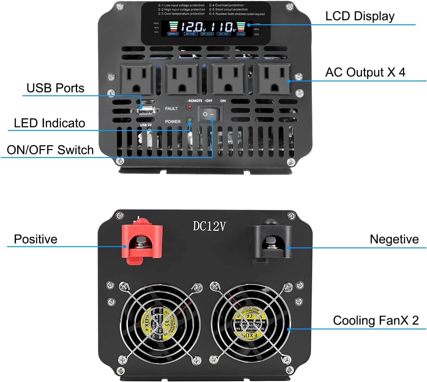 4000 Watt Power Inverter, Car Inverter 12V DC to 110V/120V AC Converter with LCD Display, 4 AC Outlets, USB Port & Remote Controller for RV, Truck, Off-Grid Solar System
