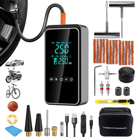 Tire Inflator Portable Air Compressor with Tire Repair Kit, 150PSI & 3X Faster Cordless Tire Pump with LCD Dual Display for Car, Bike, Motorcycle, Ball