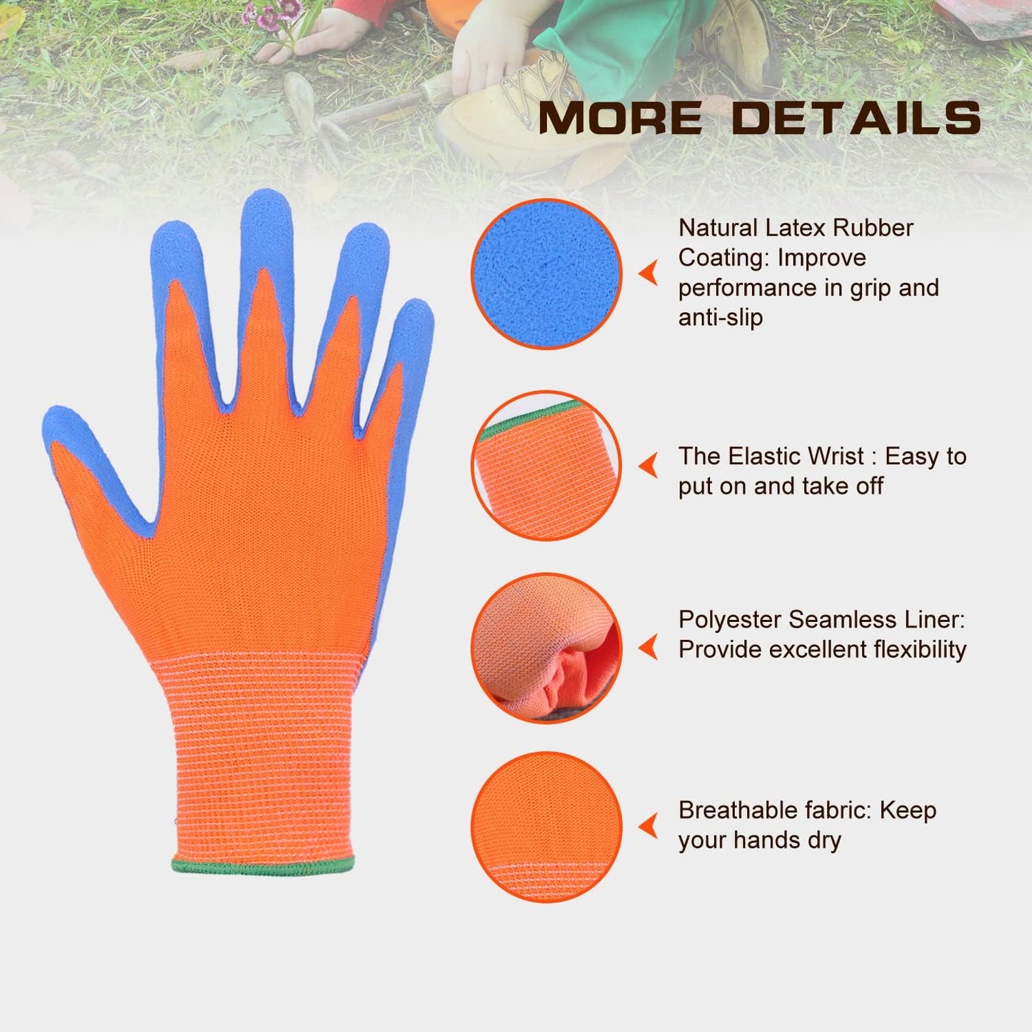 HANDLANDY 3 Pairs Kids Gardening Gloves Latex Free, Nitrile Coated Children Toddler Garden Yard Work Gloves for Little Girls Boys (Size M, Black-Orange)