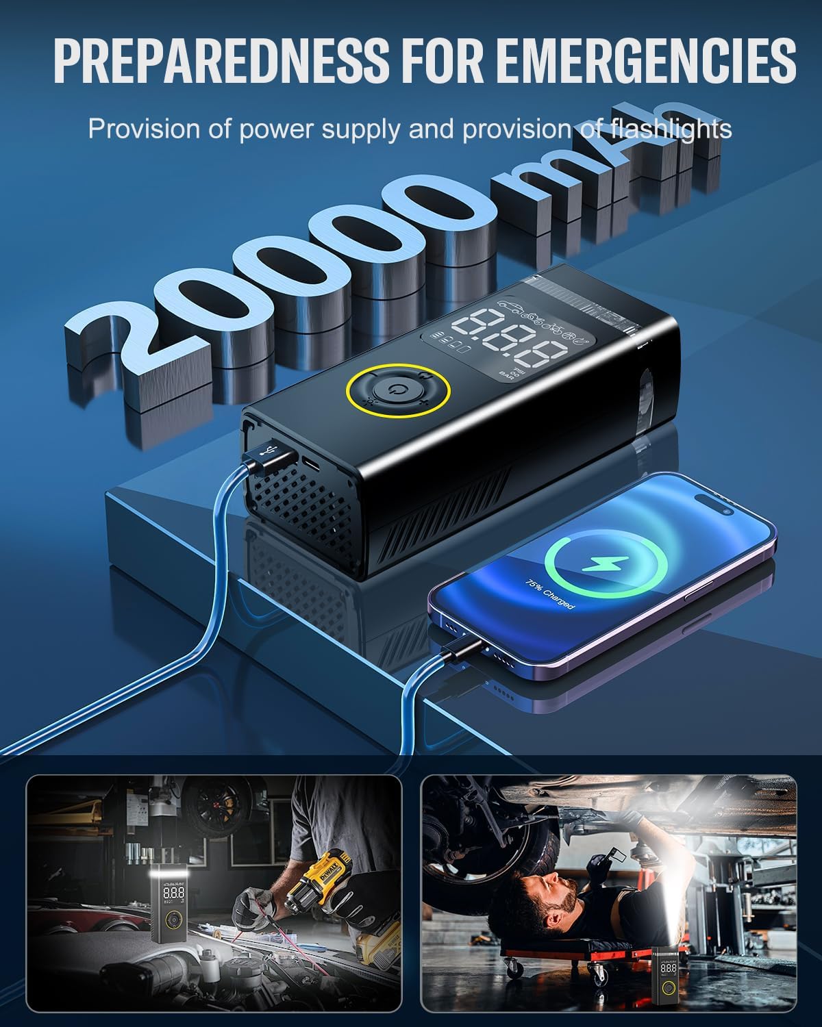 Tire Inflator Portable Air Compressor,180PSI 20000mAh Pump for Car Cordless with Pressure Gauge,4X Fast Inflation with Dual Lights for Cars Bicycles Motorcycles Balls